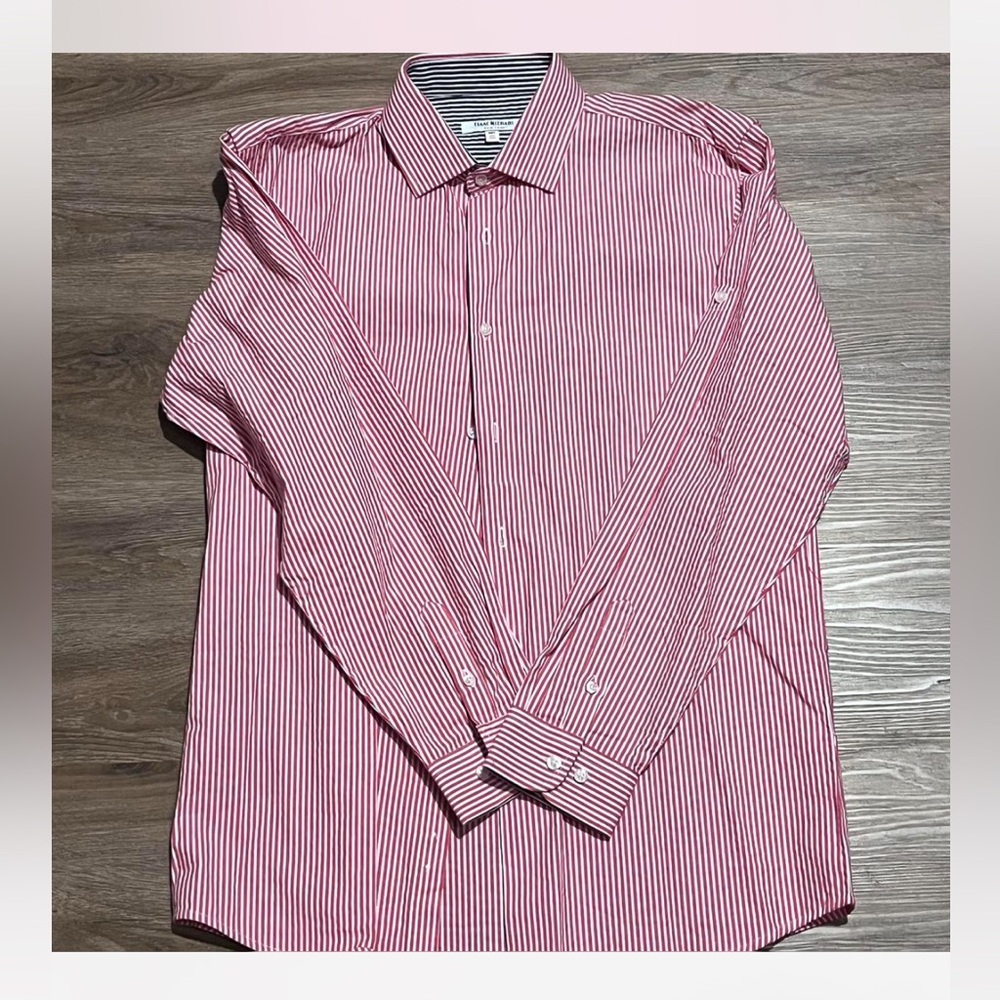 Isaac Mizrahi Red and White Dress Shirt with Pinstripe Pattern